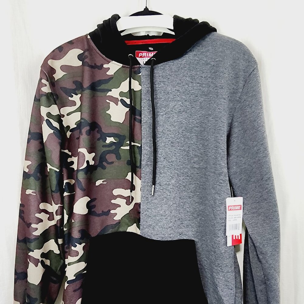 NEW color block gray/camo pullover hoodie, size Large.